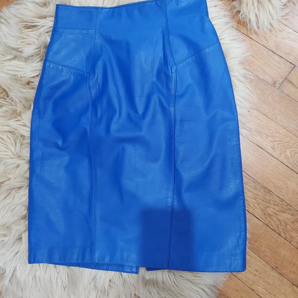 Vintage Cobalt Blue Wilsons Leather CHIA Pencil Skirt Midi Size 10 / 26in Waist - Picture 9 of 10